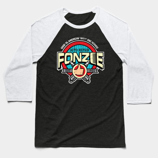 Fonzie Auto Repair Baseball T-Shirt by one-mouse